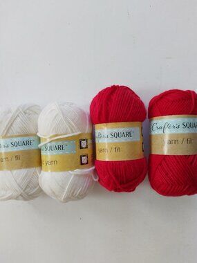 New-Lot of 4 Skeins Crafter's Square Yarn, 2 Red & 2 White